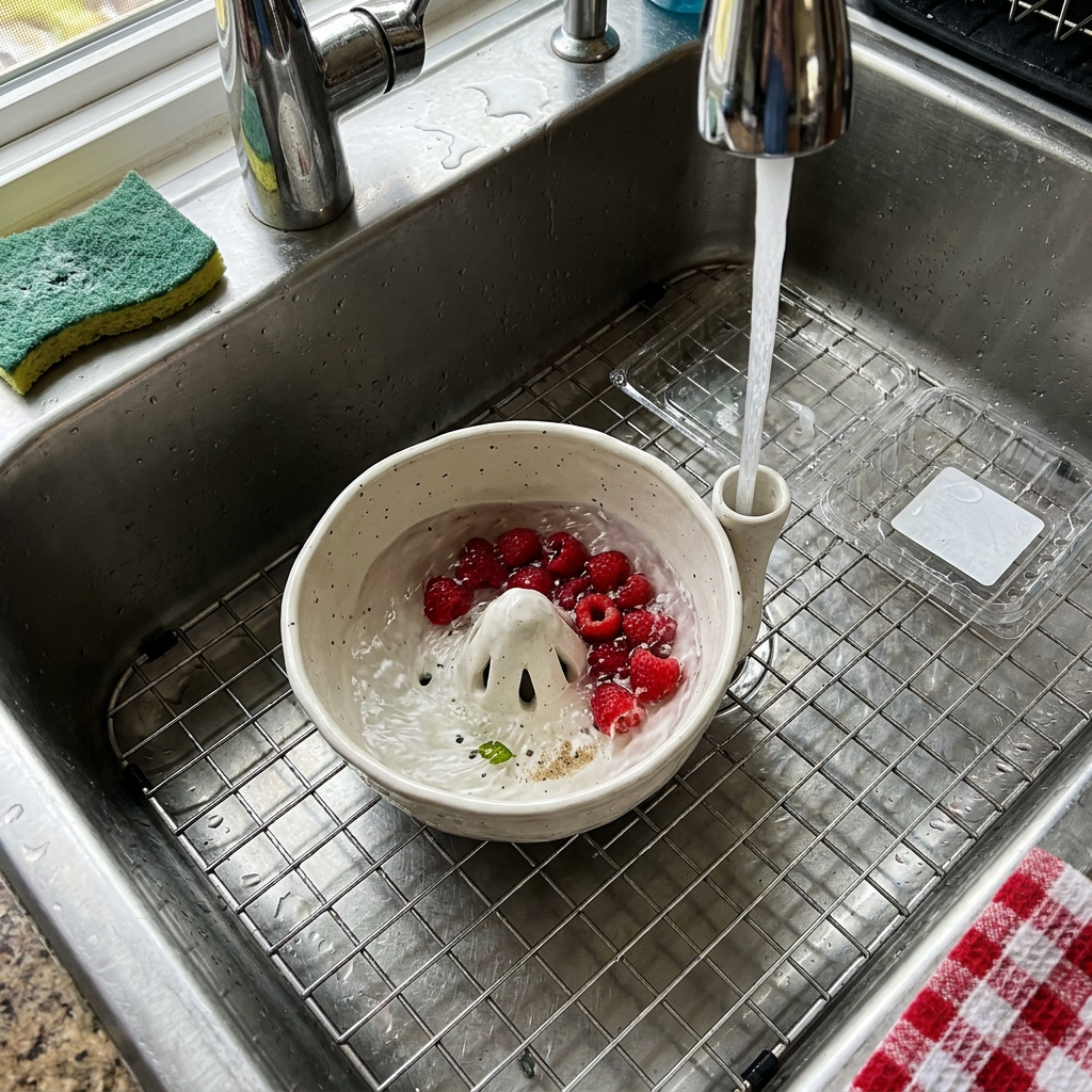 Raspberries swirling in the Dune Cream bowl in the sink
