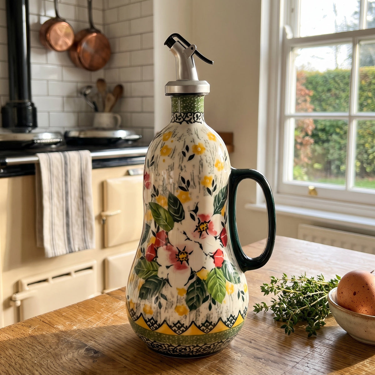 Avril's hand-painted olive oil dispenser in Dog Rose on a farmhouse kitchen table