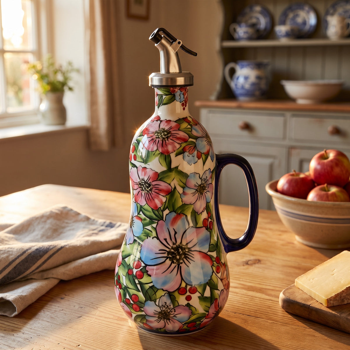 Avril's hand-painted olive oil dispenser in Hollyhock on a kitchen table