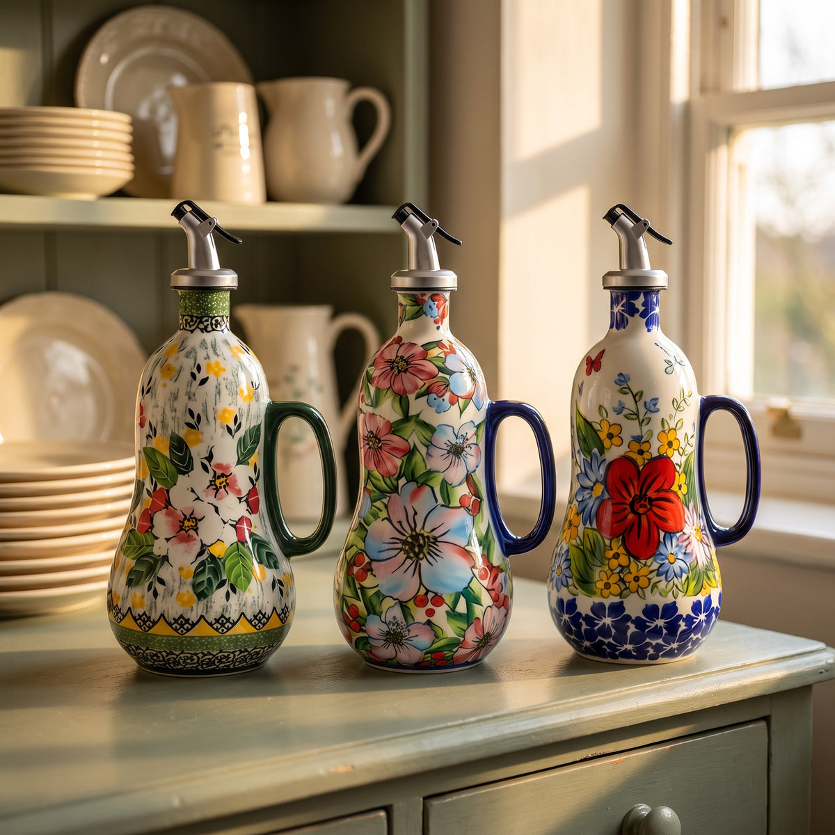 All three patterns side by side: Dog Rose, Hollyhock and Red Poppy