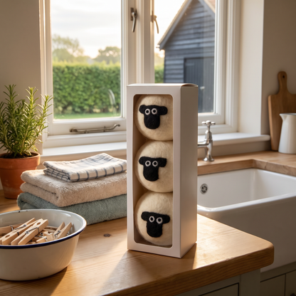 Avril's wool tumble dryer balls in a window gift box