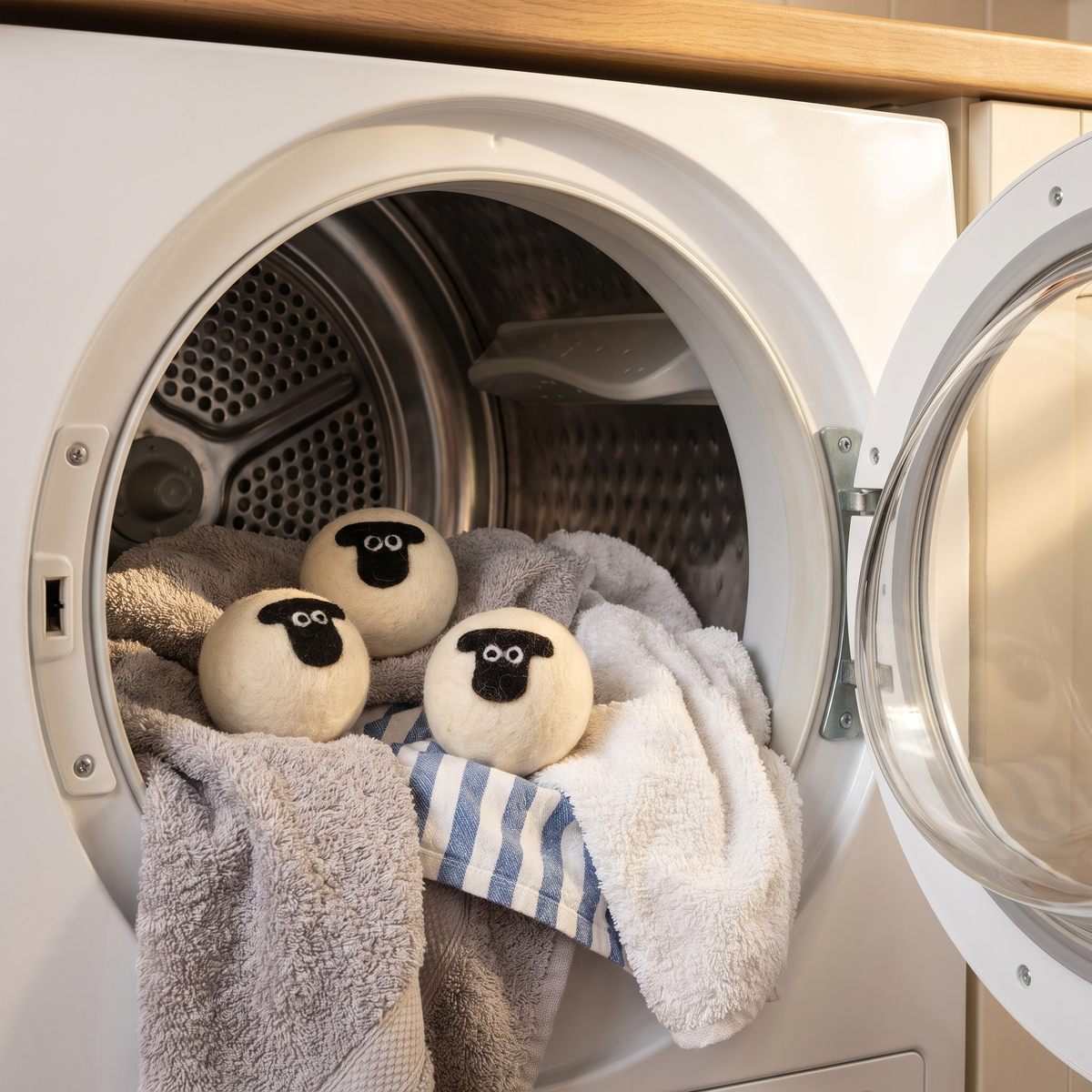 Three sheep wool dryer balls in a tumble dryer drum with towels