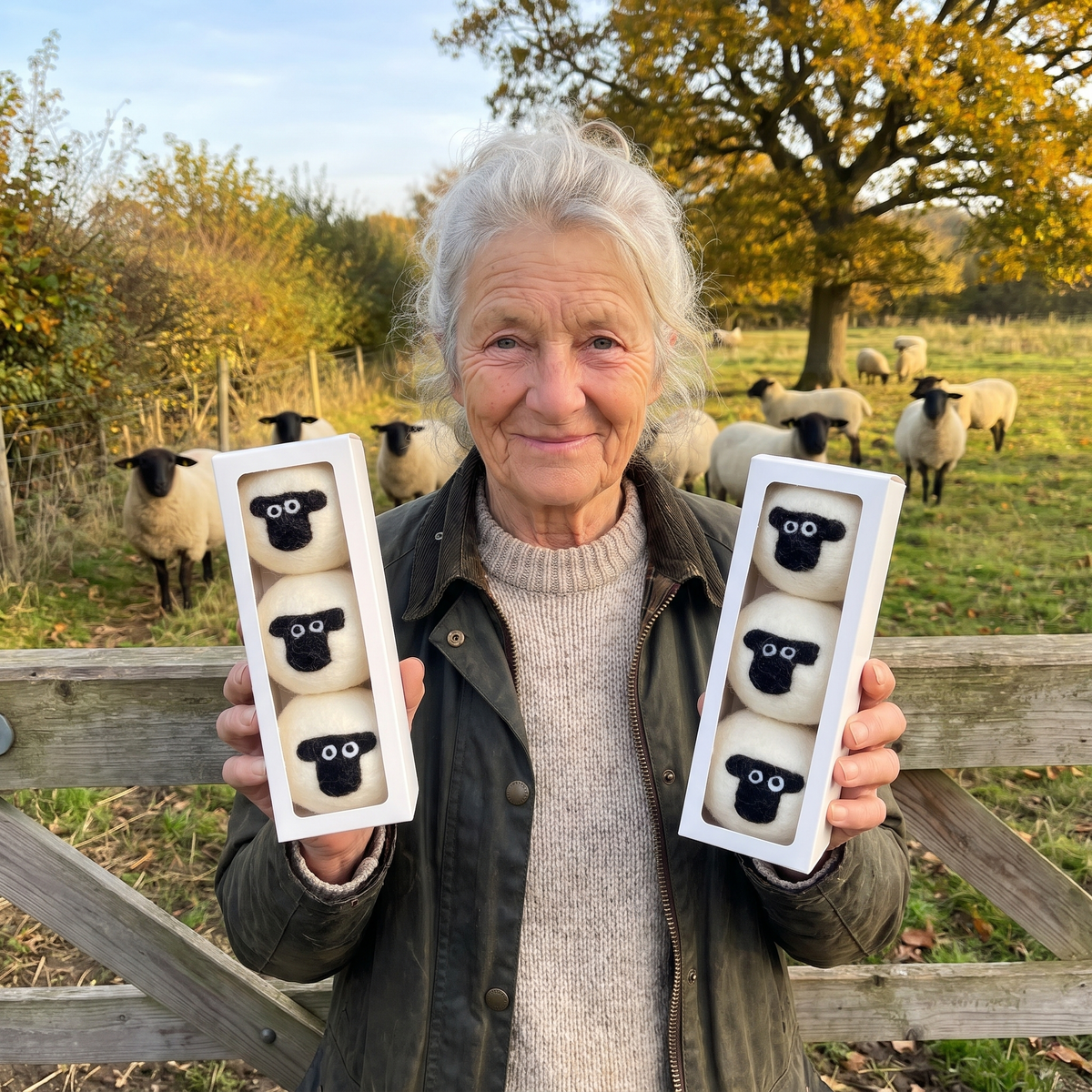 Avril Catchpole holding two boxes of her sheep dryer balls