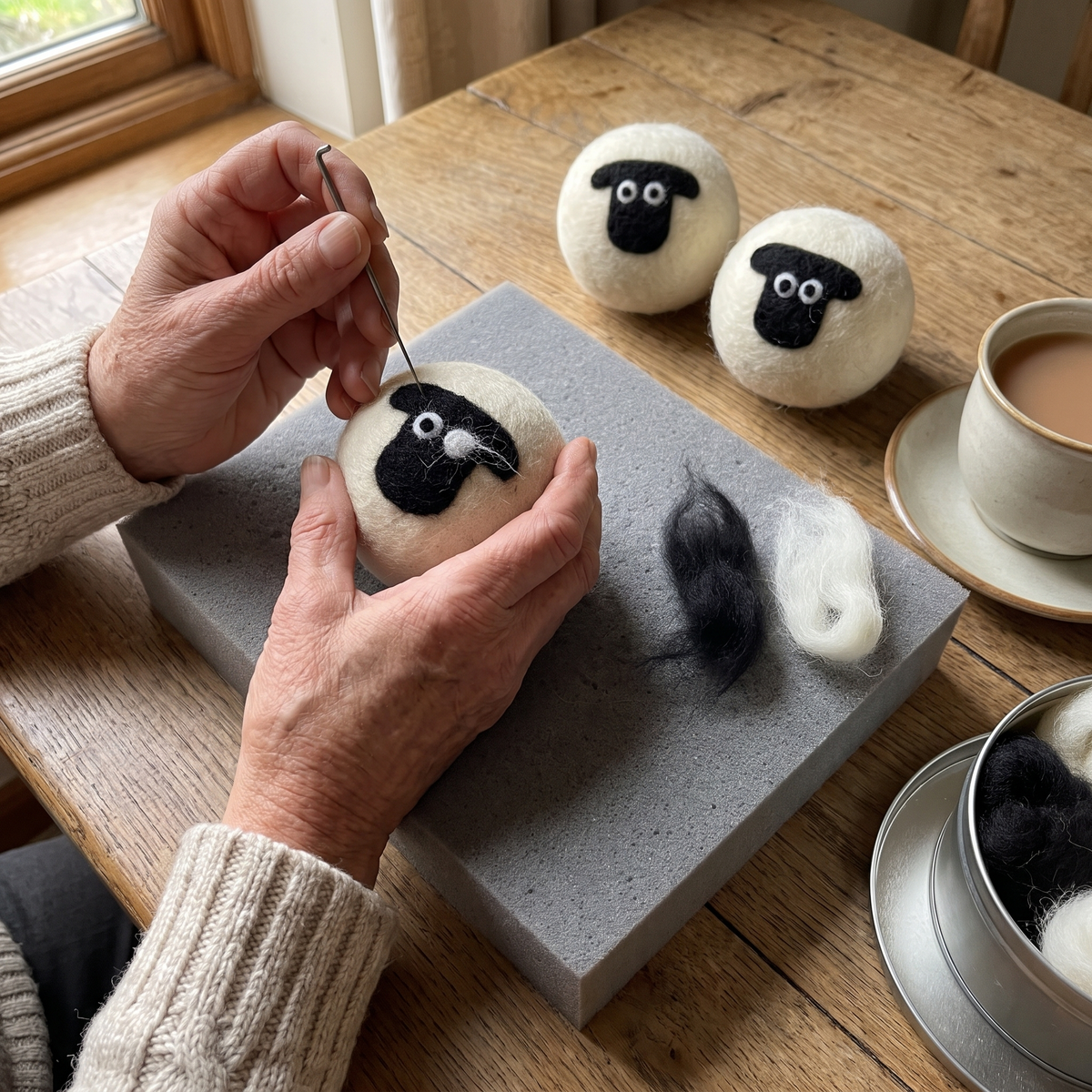 Needle-felting a black sheep face onto a wool ball