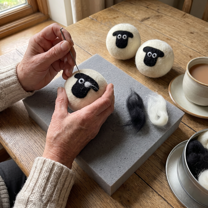 Needle-felting a black sheep face onto a wool ball