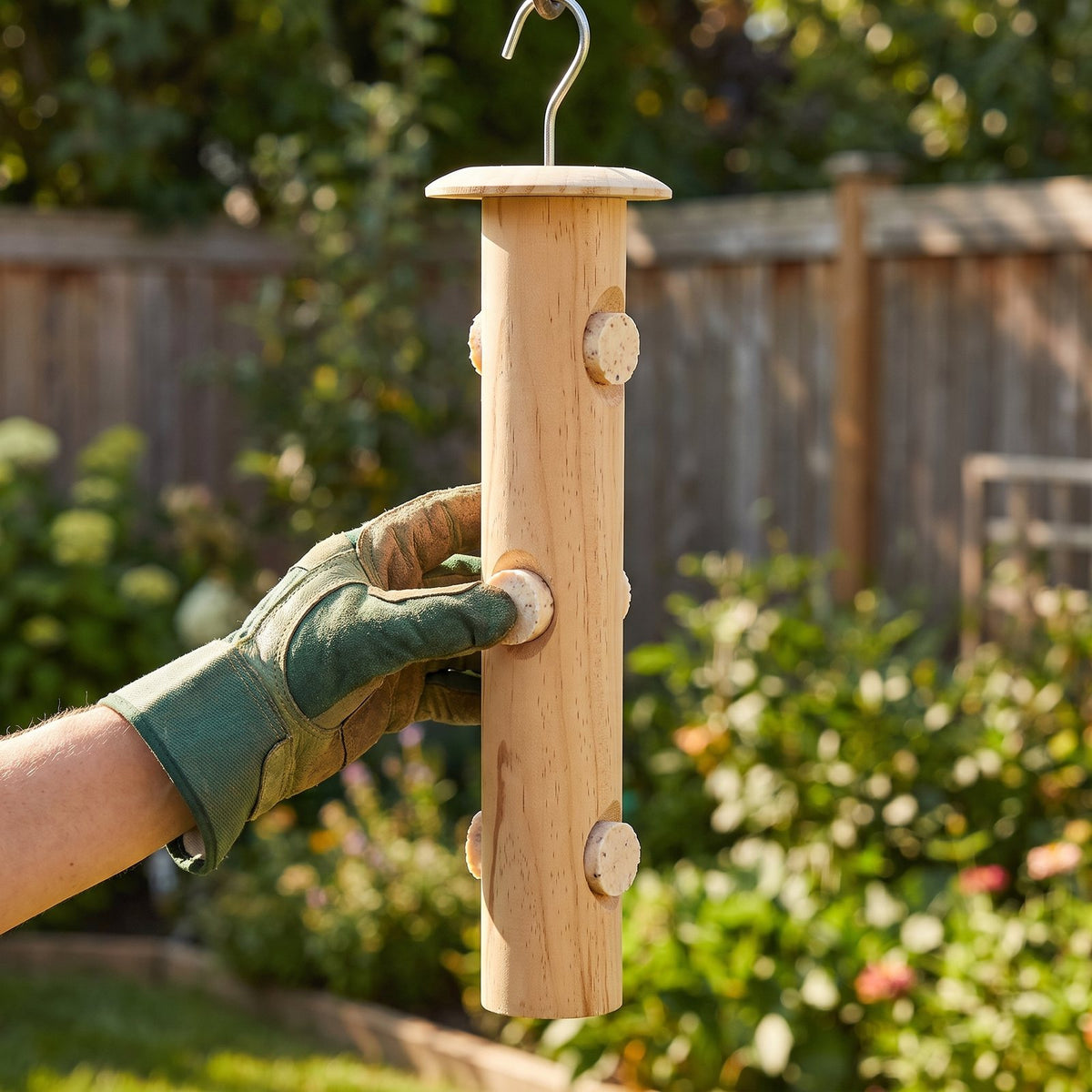 Refilling: pressing a suet plug into a hole