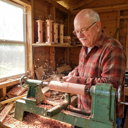 Harlan turning a cedar log on his lathe