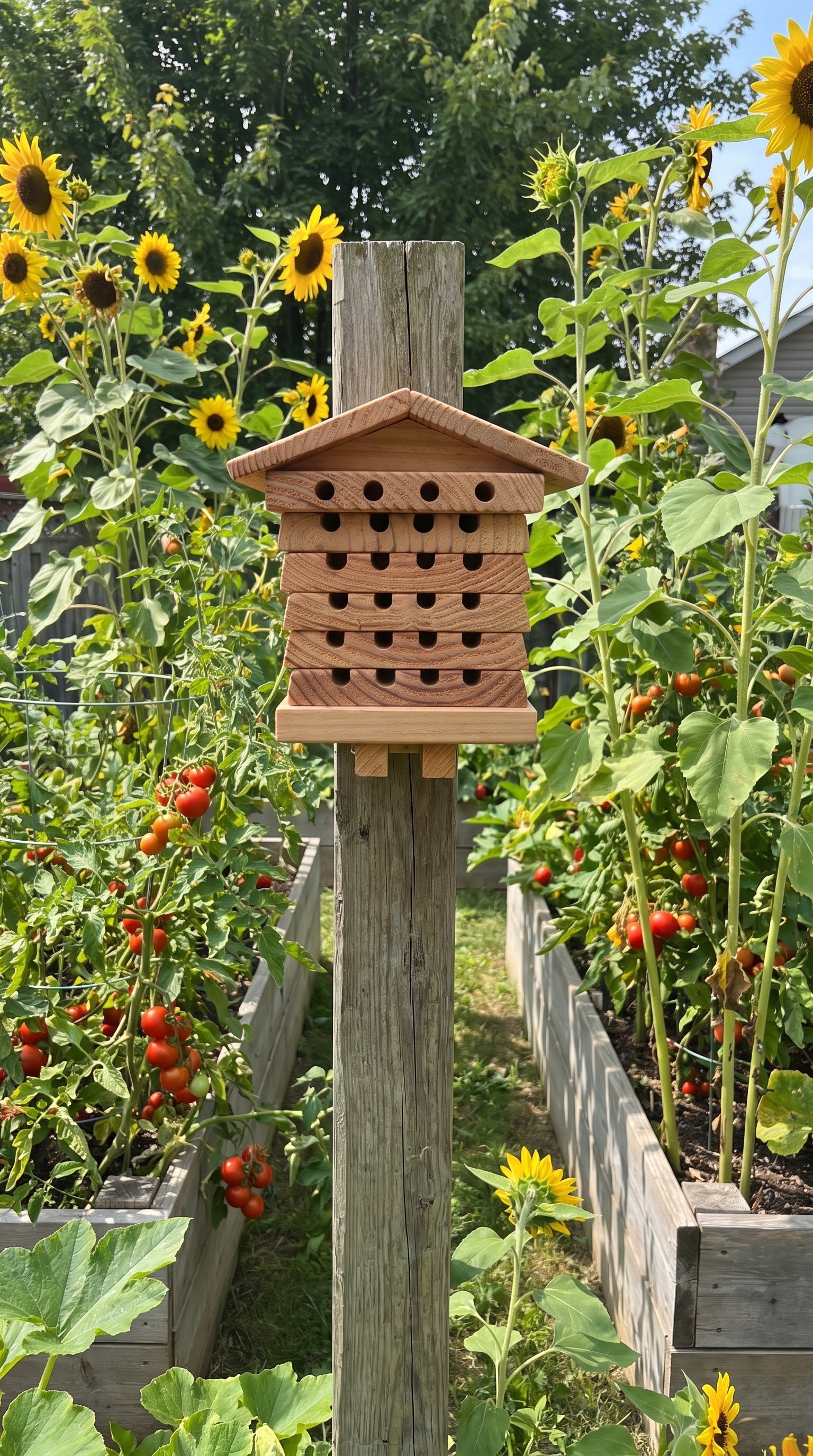 BeeTreasure UGC vertical 06 - bee hotel in vegetable garden with tomatoes and sunflowers