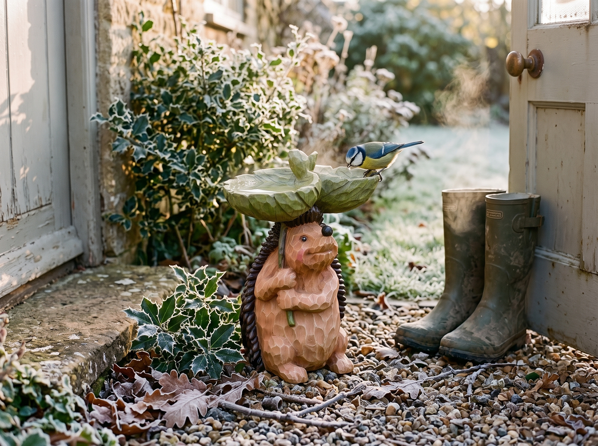 Hedgehog bird bath by the back door in winter