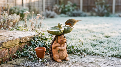 Robin drinking from the hedgehog bird bath