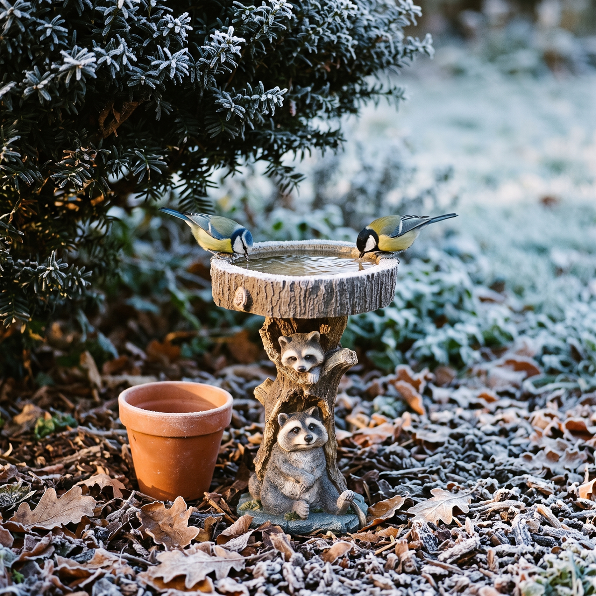 Raccoon stump bird bath
