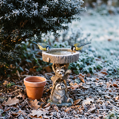 Raccoon stump bird bath