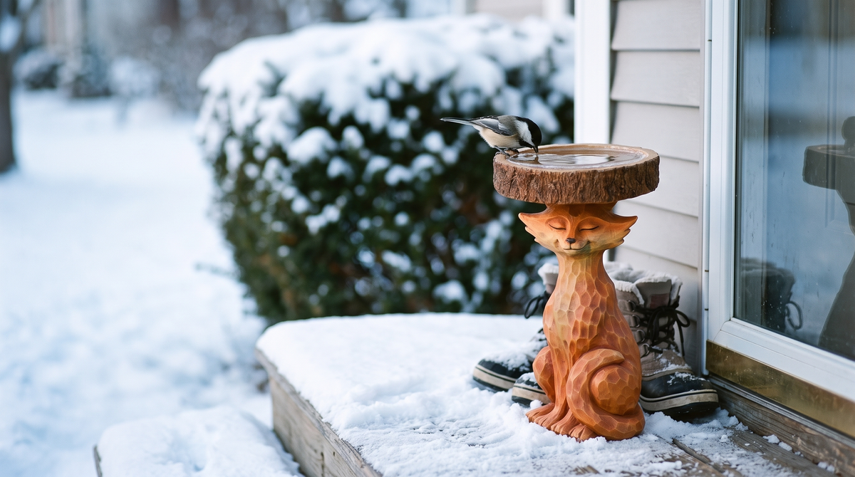 Chickadee drinking from the fox bird bath