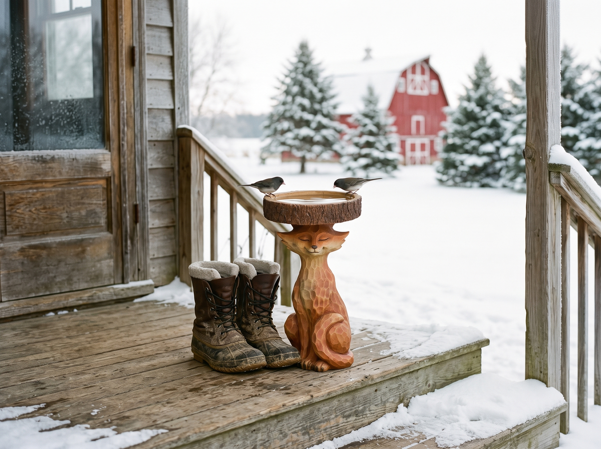 Fox bird bath on a snowy porch