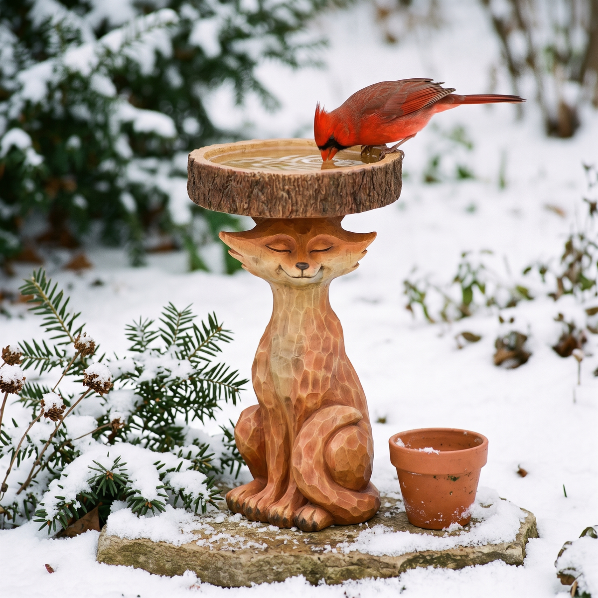 Fox bird bath in the snow