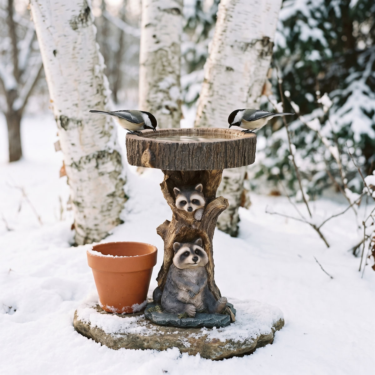 Raccoon stump bird bath