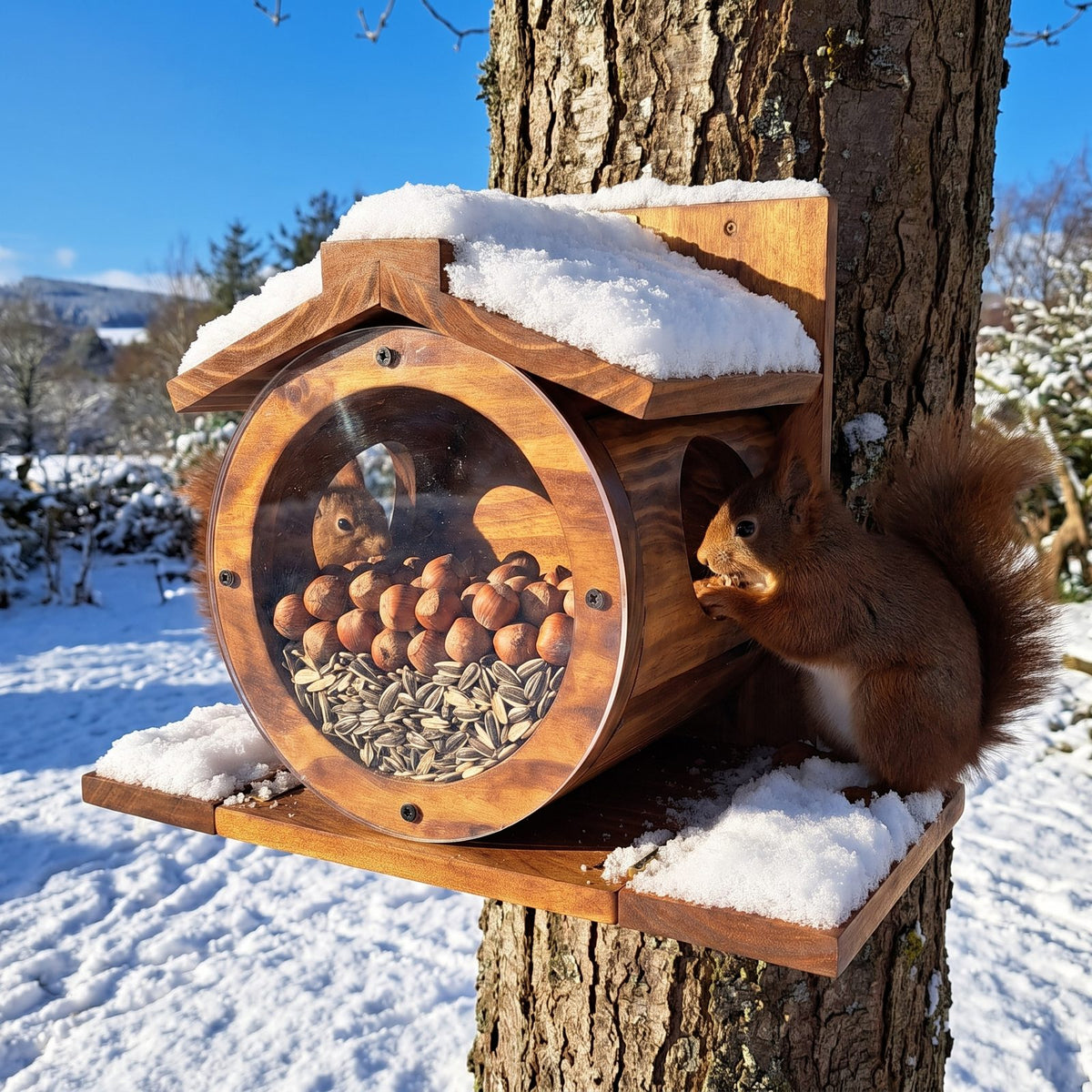 Two red squirrels at the barrel feeder in the snow