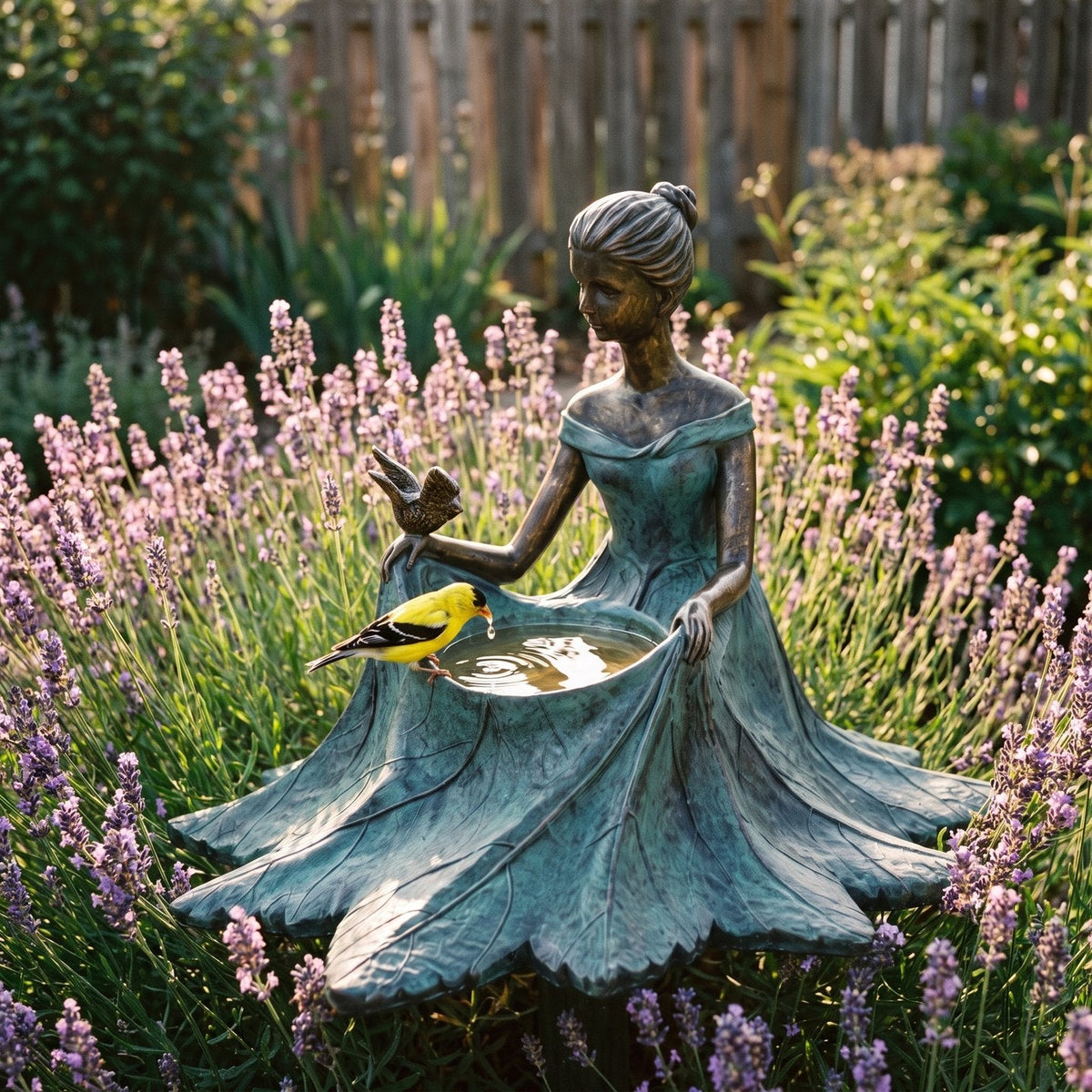 A goldfinch drinking from the bronze bird bath among lavender