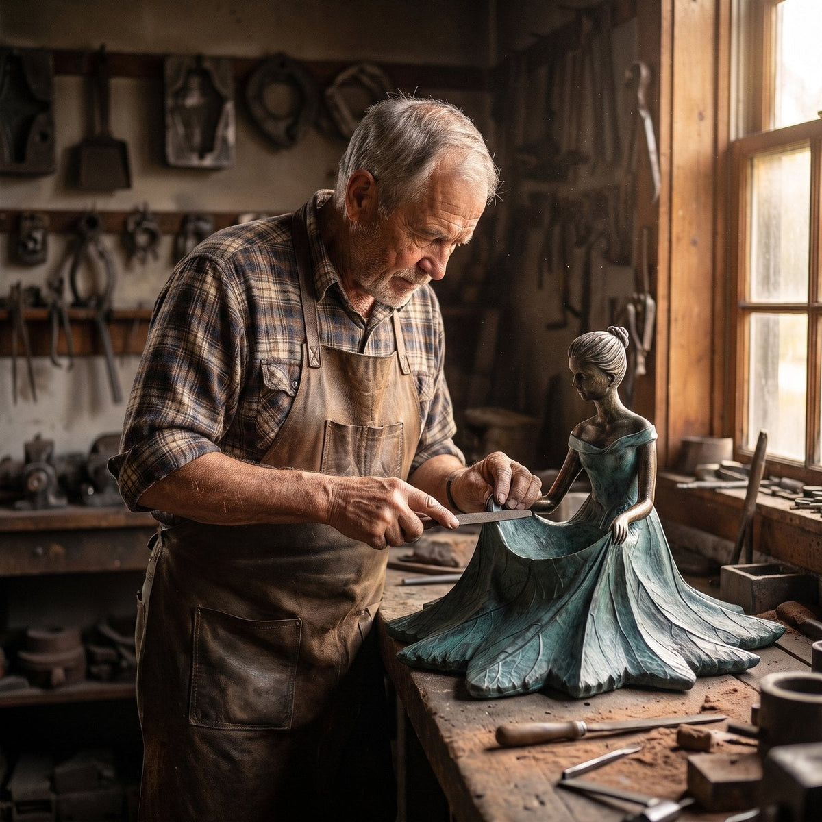 Cal Renner finishing the bronze bird bath by hand in his workshop