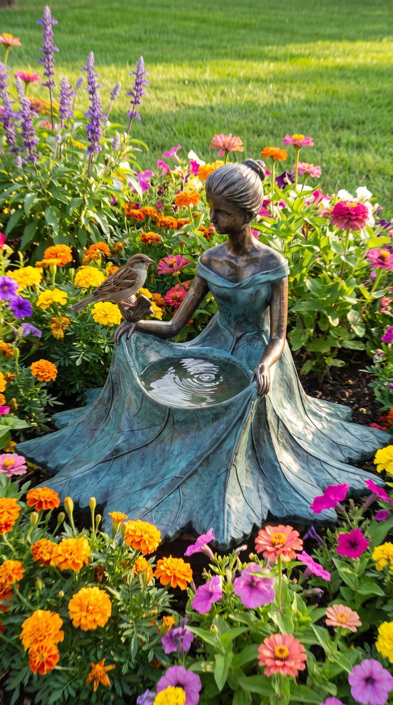 Customer photo — bird bath in a flower bed