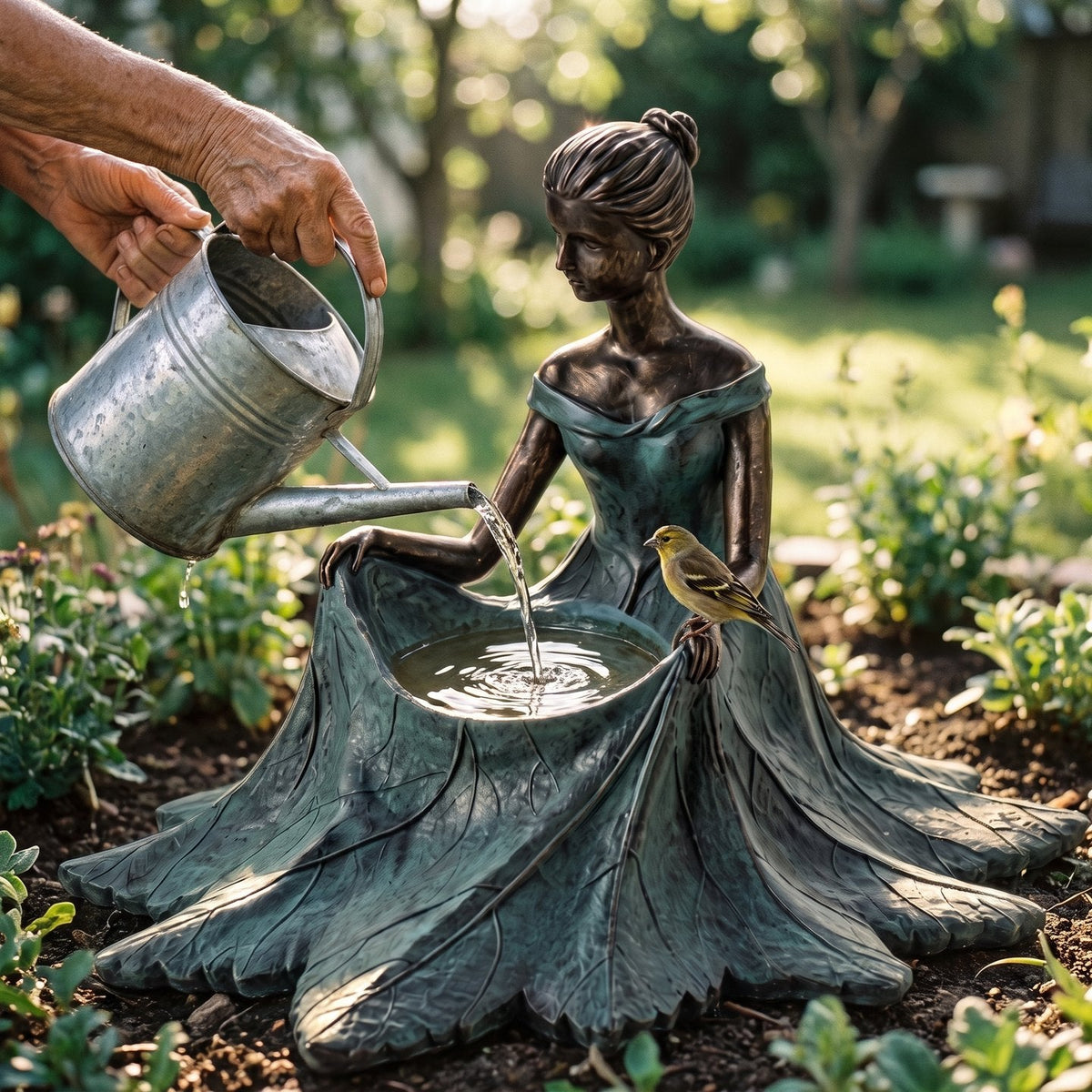 Pouring water into the bronze bird bath from a watering can, a finch waiting