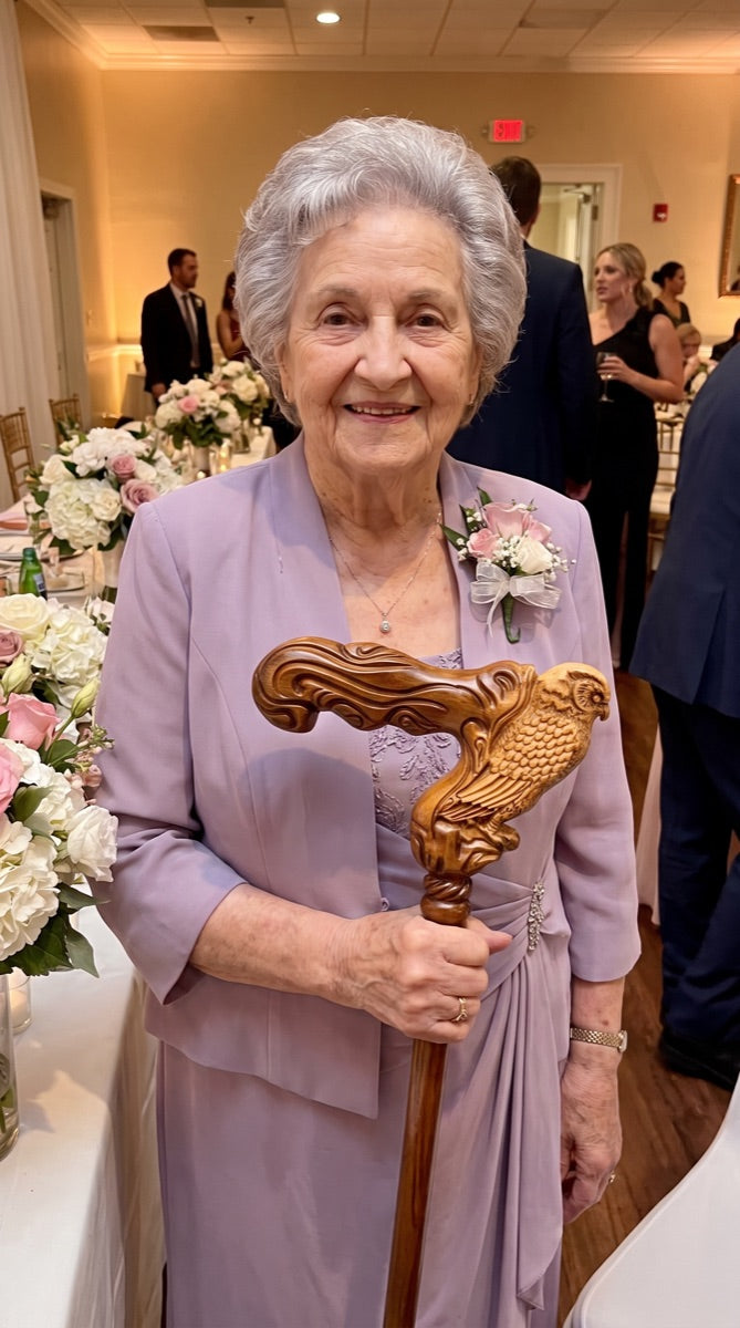 Customer photo: owl cane at a wedding