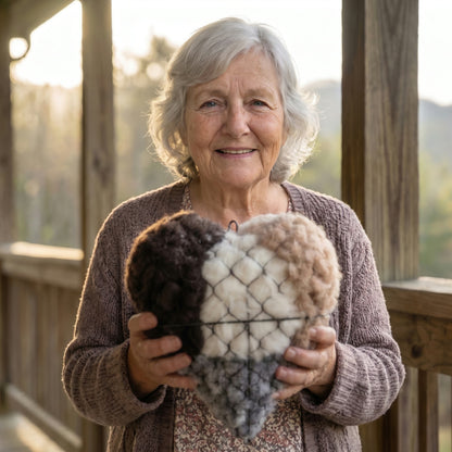 Carol on her porch in Boone, North Carolina, with the nesting heart
