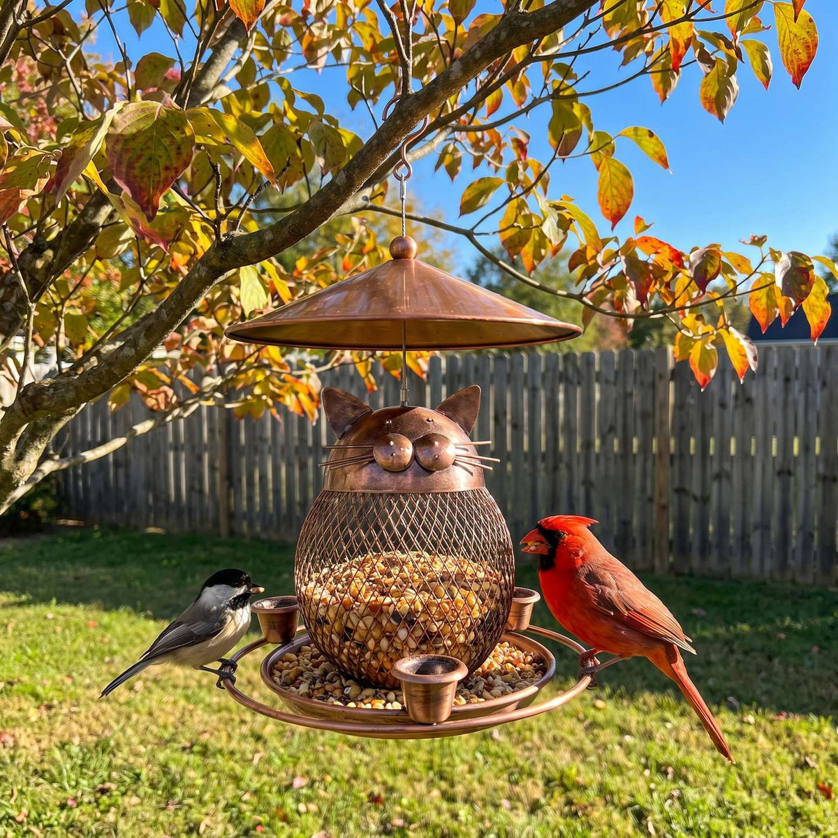Cat-faced copper bird feeder with a cardinal and a chickadee in an autumn backyard