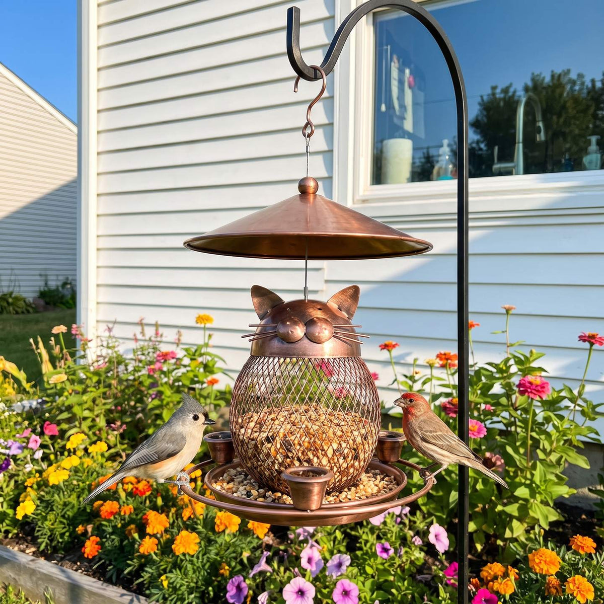 Cat-faced bird feeder on a shepherd hook in a front-yard flower bed