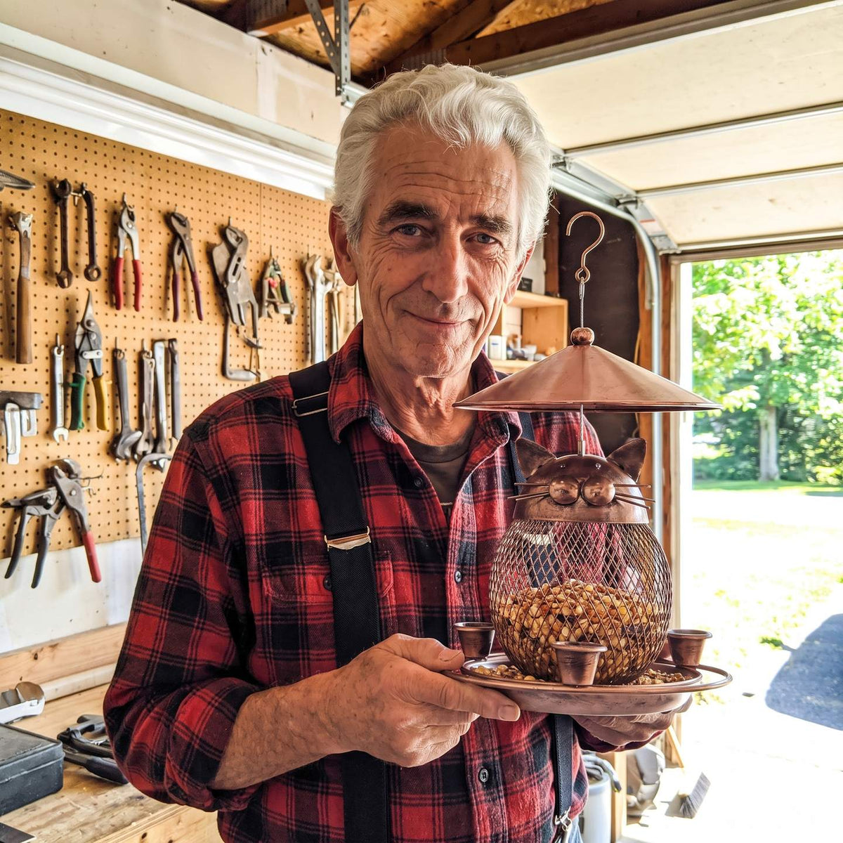 Michael holding a finished cat-faced bird feeder in his garage