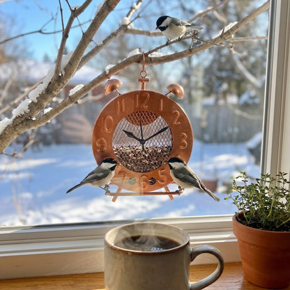View from the kitchen window: chickadees on the copper clock feeder