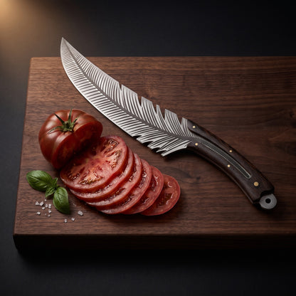Feather knife with thin-sliced tomato