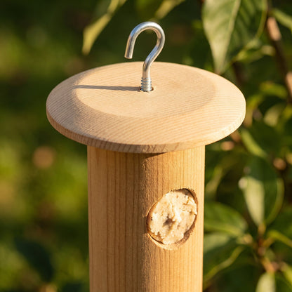 Close-up of the cedar rain cap and hook
