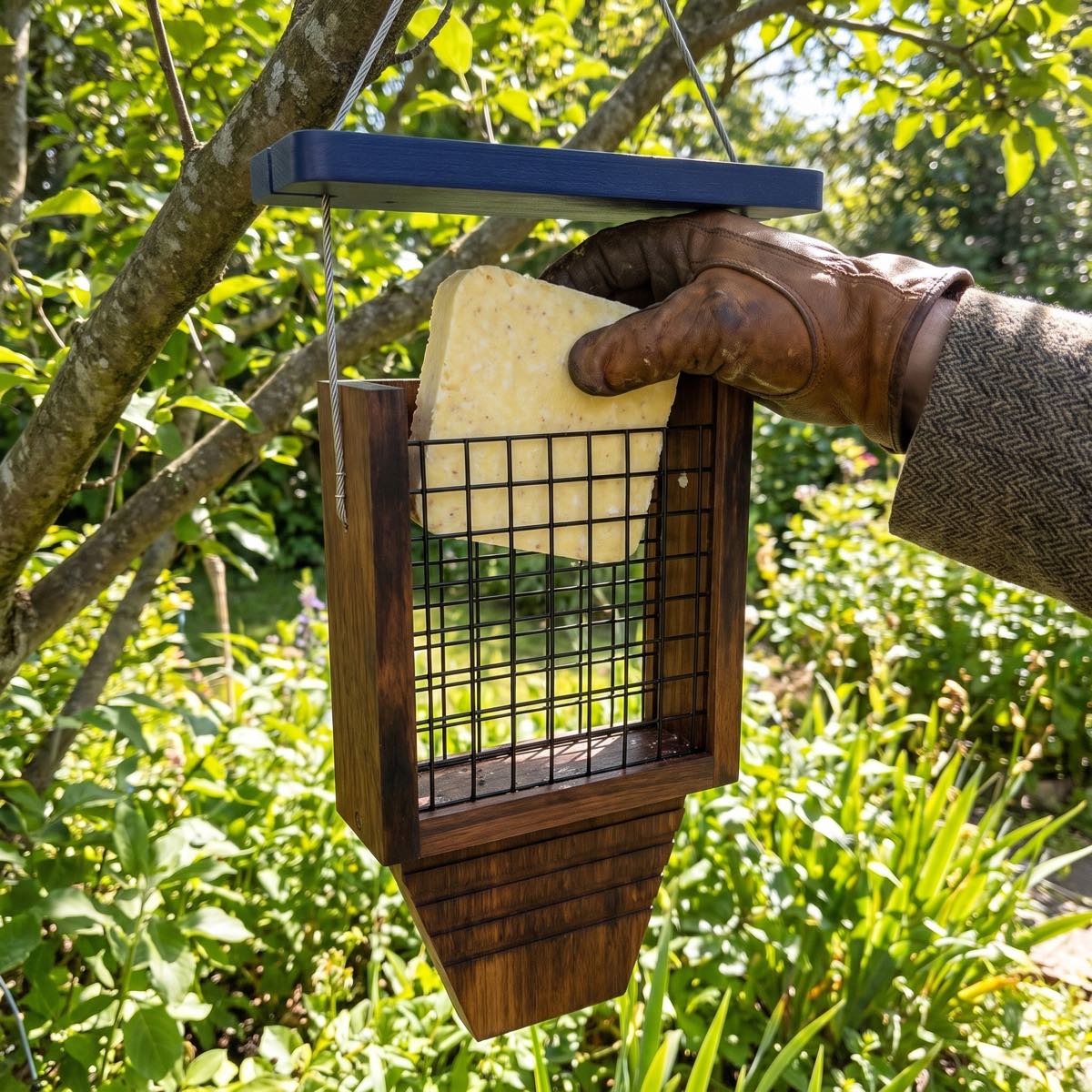 Lift the roof and drop in a suet block
