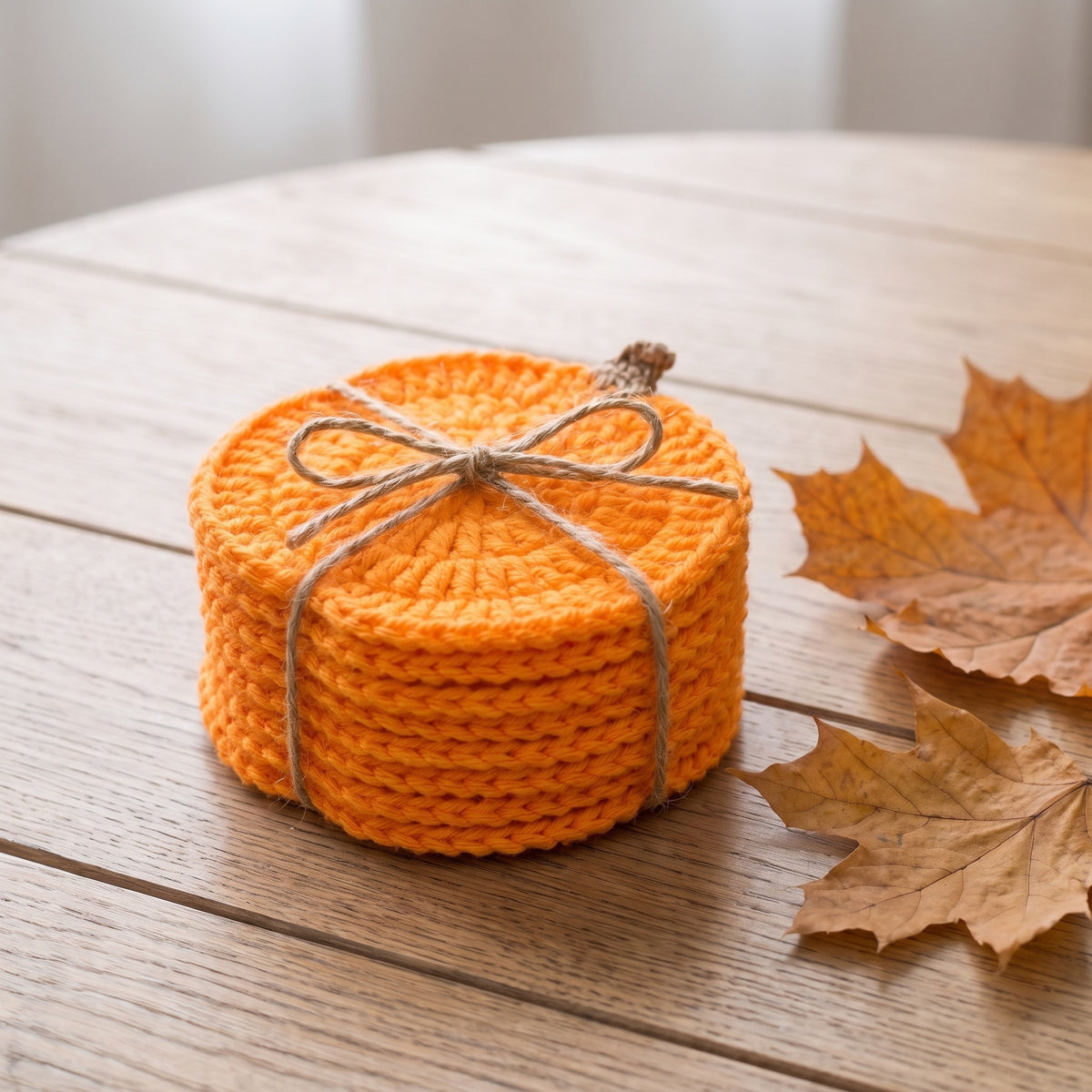 All eight pumpkin coasters stacked and tied with jute twine, the way the set arrives