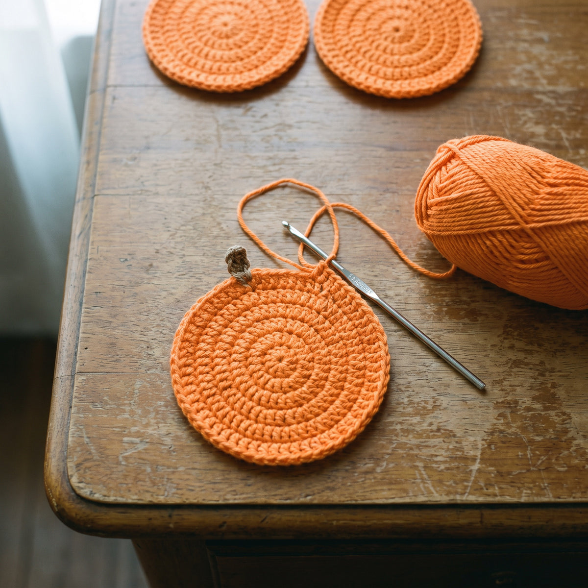 A half-finished pumpkin coaster with crochet hook and a ball of orange cotton yarn