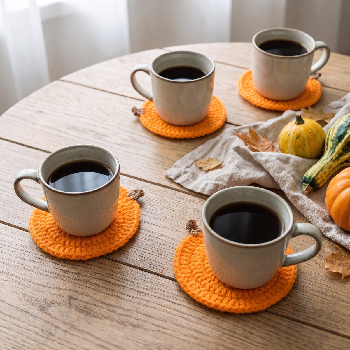 Four mugs of coffee each standing on a pumpkin coaster on an autumn table