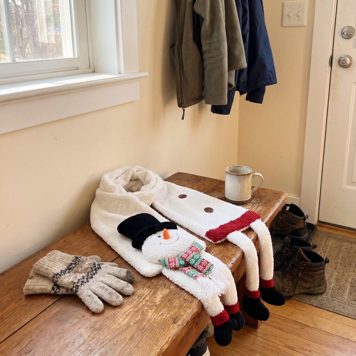 Snowman Christmas scarf with dangling boots on a mudroom bench