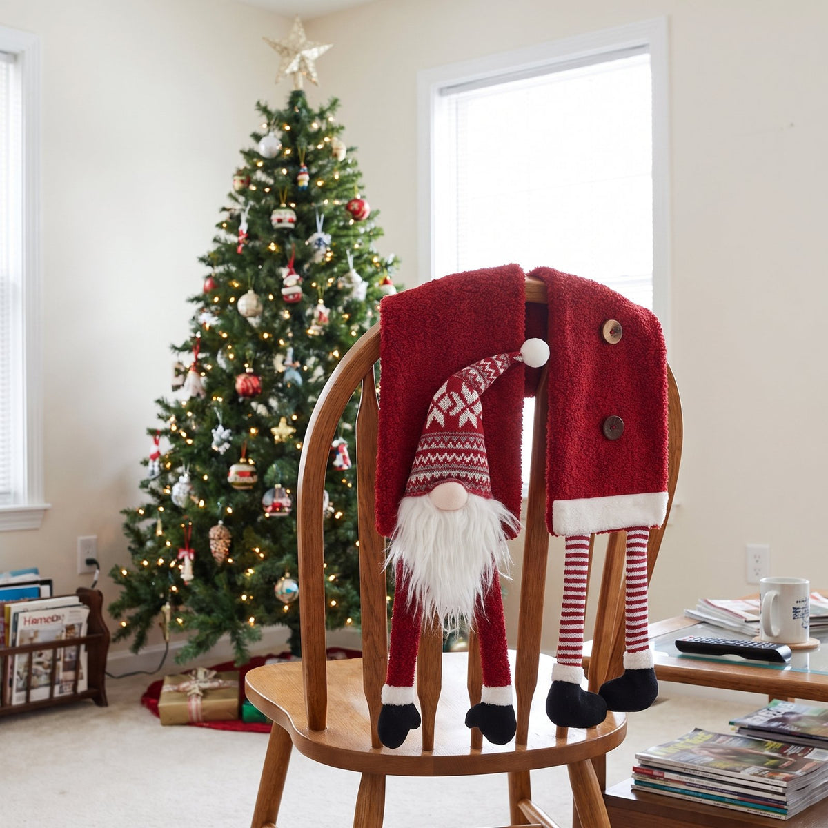 Gnome Christmas scarf draped over a chair by the tree