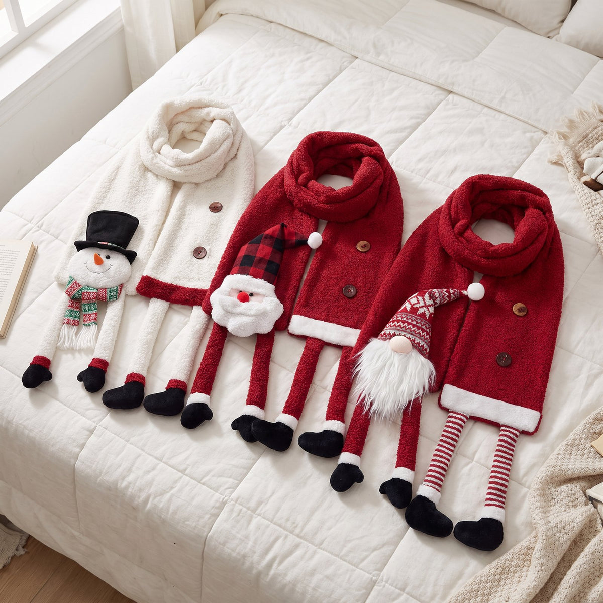 Snowman, Santa and Gnome Christmas scarves side by side