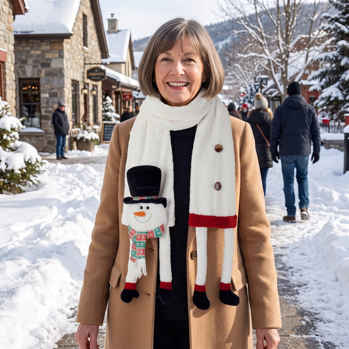 Woman wearing the Snowman scarf on a snowy village walk