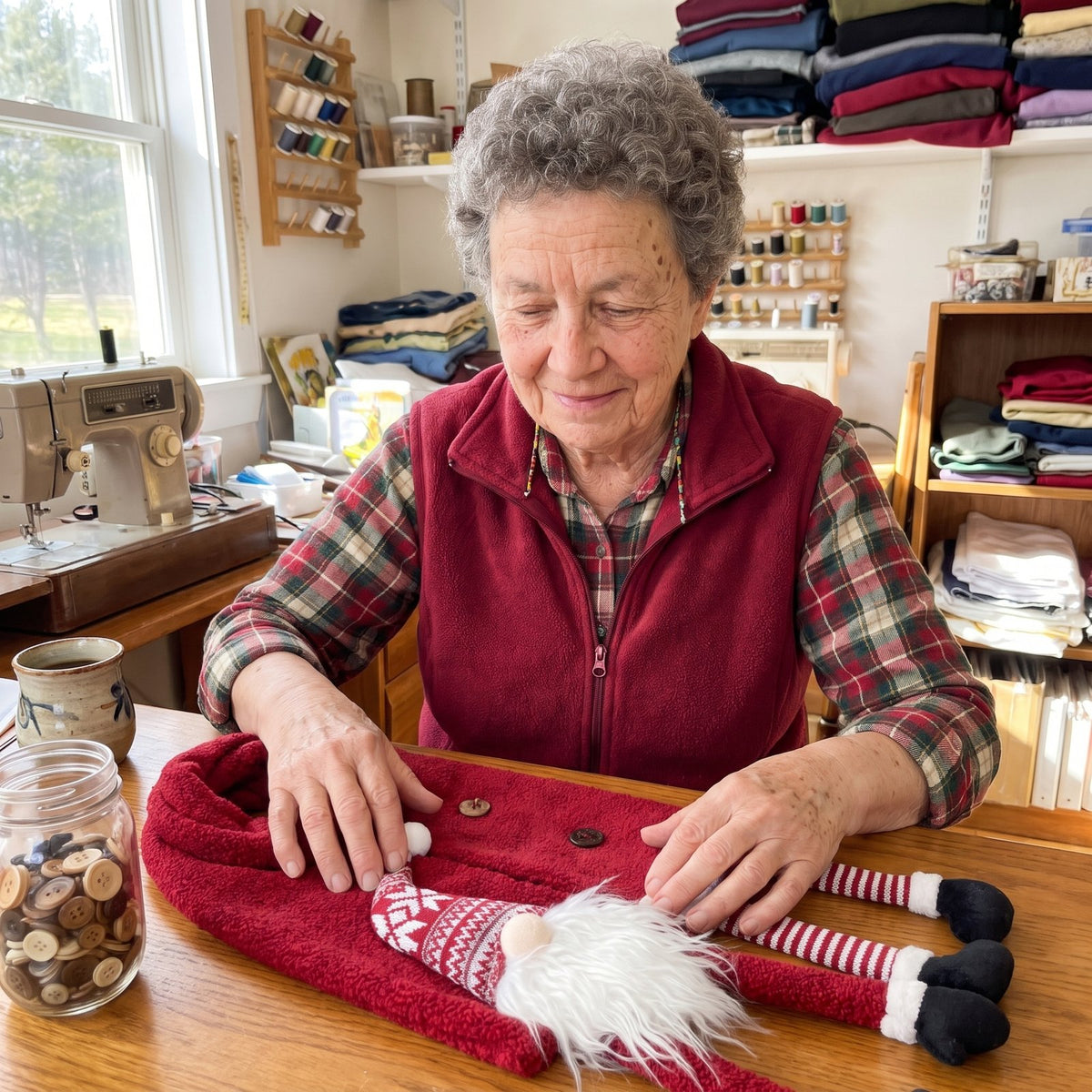 Marjorie Tuttle smoothing out a Gnome scarf at her sewing table