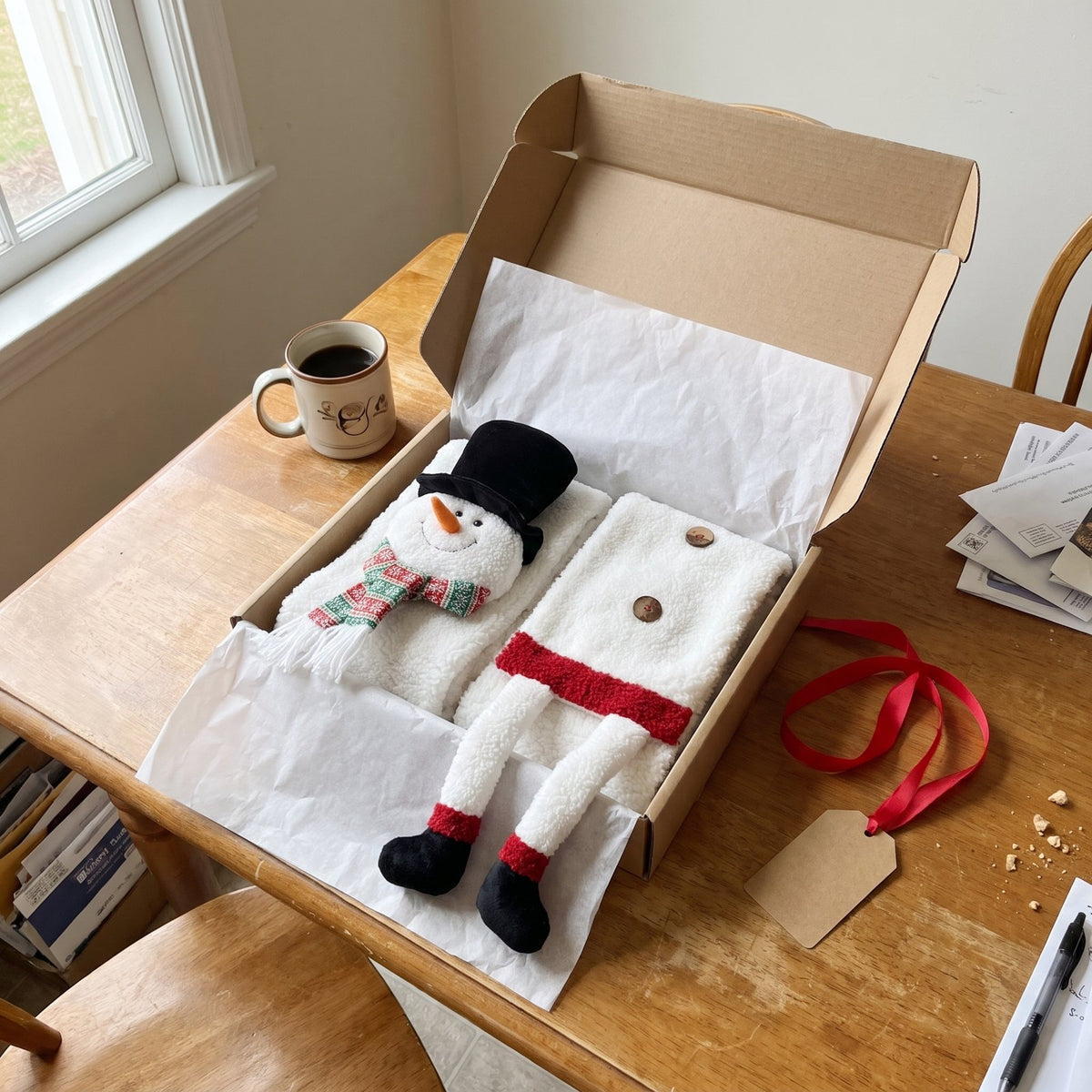 Snowman scarf folded in a gift box with tissue paper
