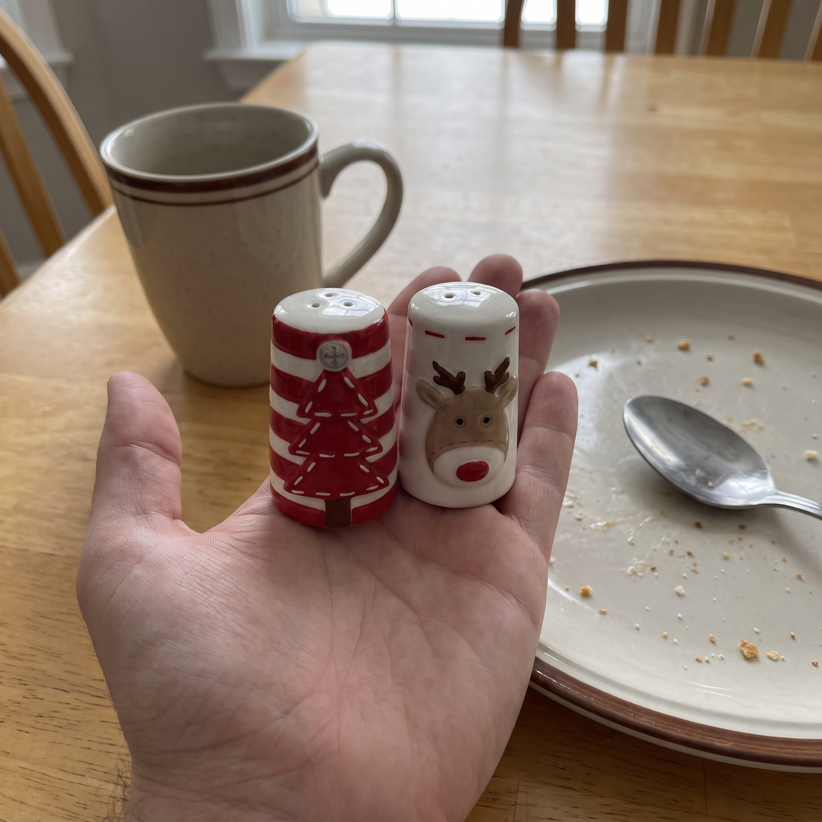 Both shakers resting in one open hand to show their small size