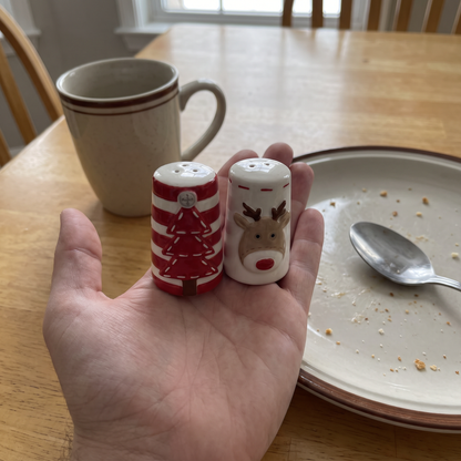 Both shakers resting in one open hand to show their small size