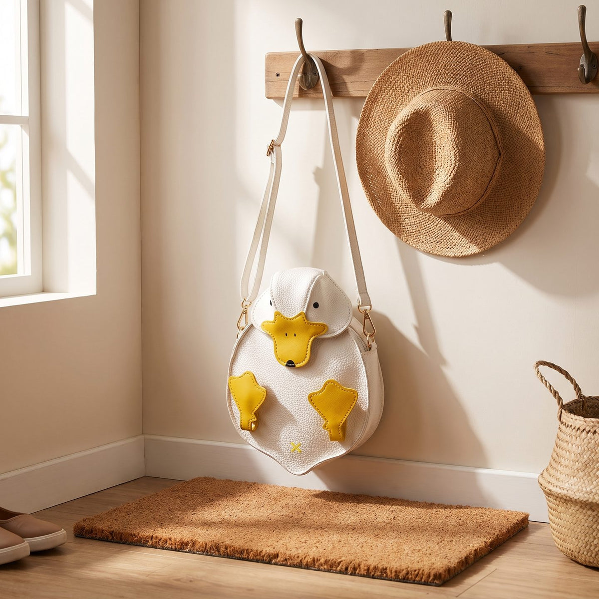 The duck bag hanging by its strap from a coat hook
