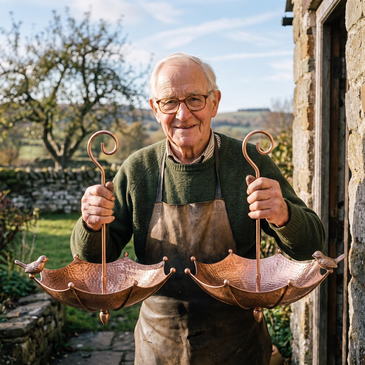 Dudley Tunnicliffe holding two of his copper umbrella feeders at the forge door