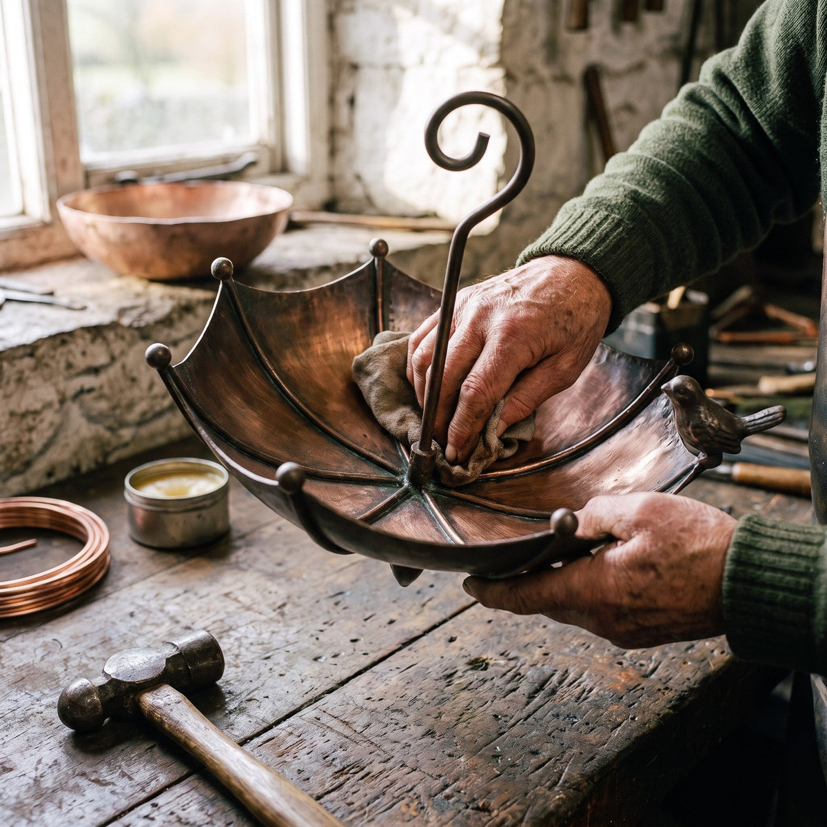 Finishing the copper patina by hand on the workbench