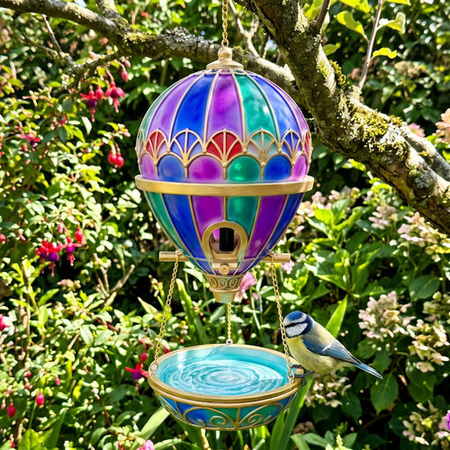 Ray's balloon bird feeder with bath hanging in a garden tree, blue tit on the rim