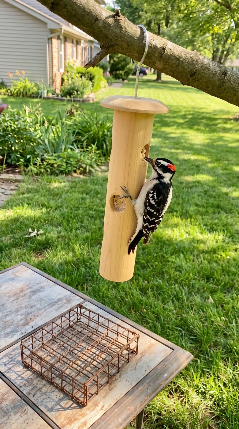 Customer photo: downy woodpecker on the cedar log